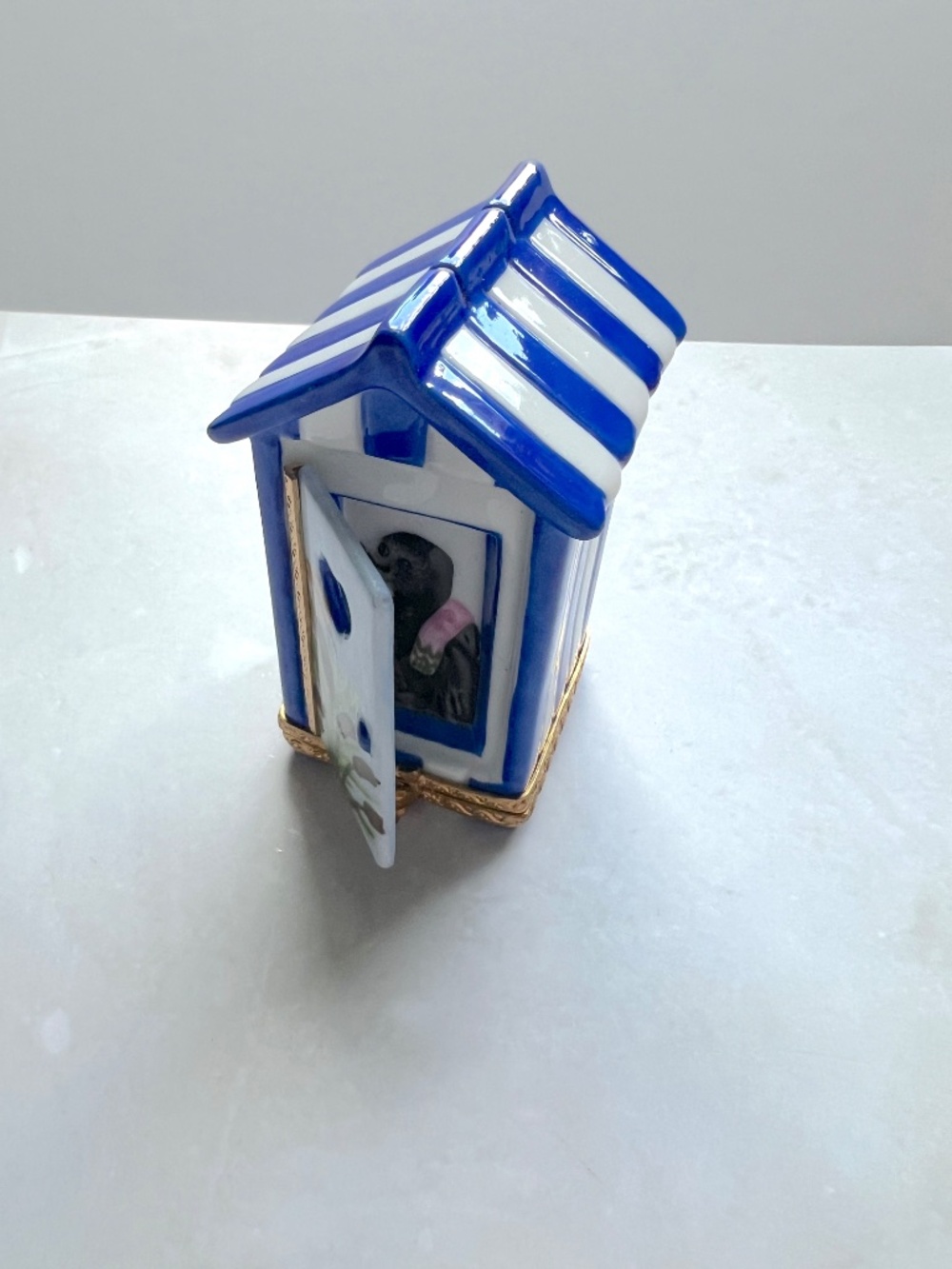 Hand Painted Limoges France Beach Birdhouse Box Peint Main Blue Striped Roof Hea